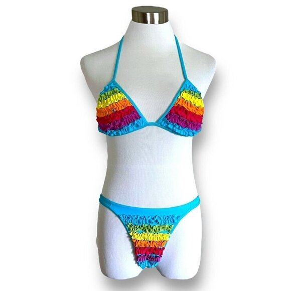 Victorias Secret Womens Bikini Sz Medium Blue rainbow Ruffle String Triangle - Picture 1 of 8